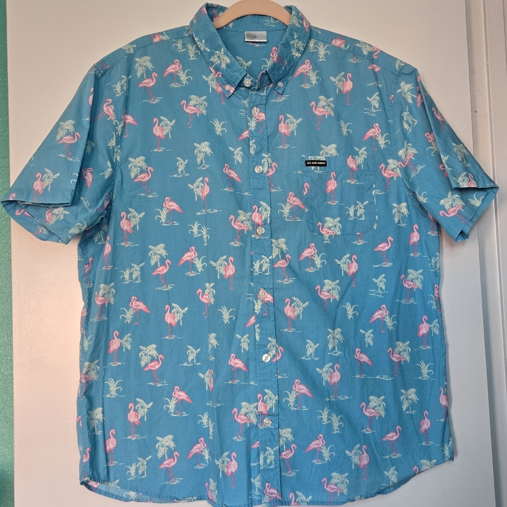 T & C Surf Design Blue Flamingo Aloha Shrt EUC Sz XL Pit to Pit 24.5" Lenght 30"